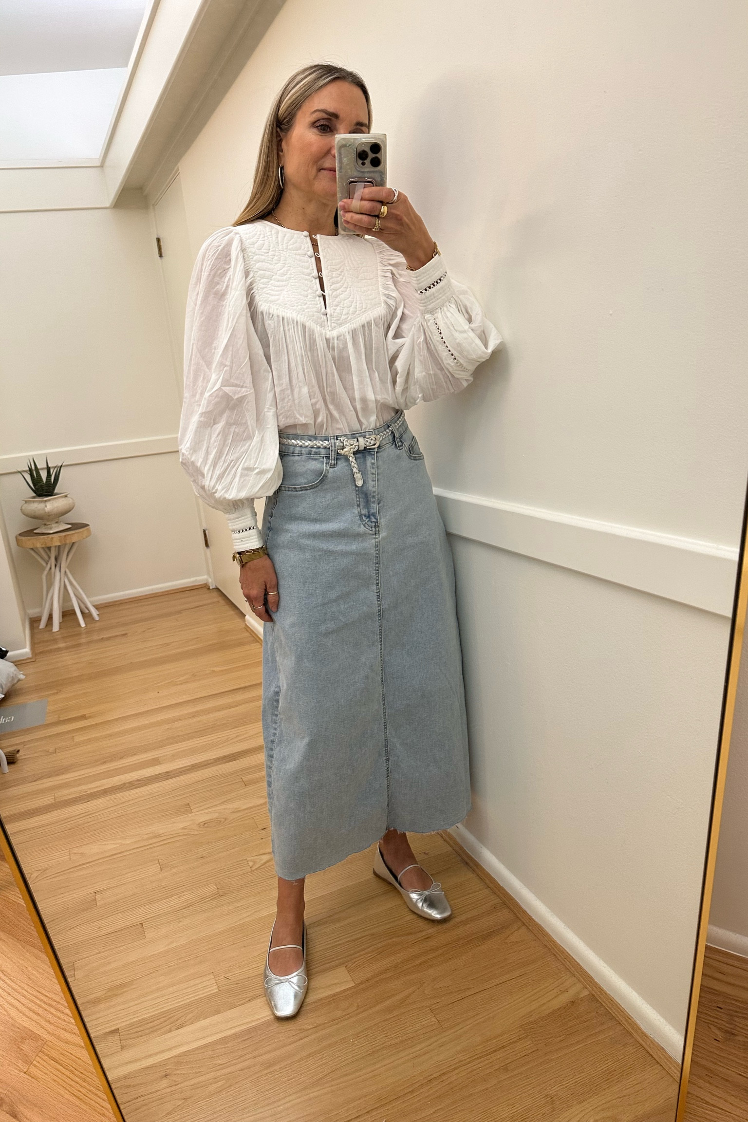Maxi denim skirt and white blouse with silver ballet flats, church outfit, work outfit, teacher outfit, office outfit, Amazon finds, Sezane, French girl style 

#LTKover40 #LTKworkwear #LTKfindsunder50