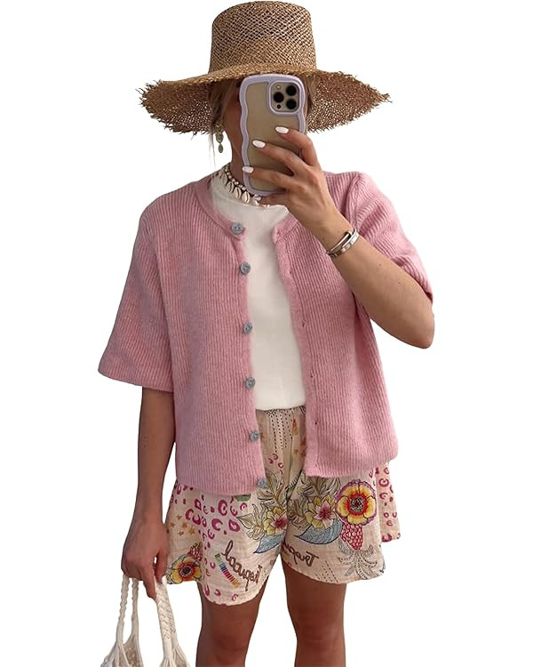 SCUSTY Women's Lightweight Cardigan Short Sleeve Button-Down Summer Cardigan Sweater | Amazon (US)