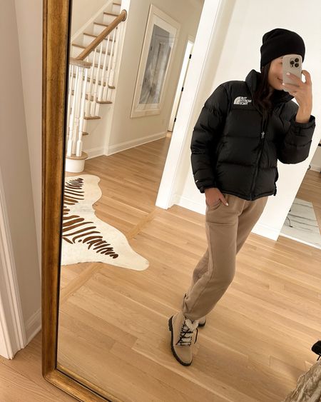 Kat Jamieson wears a casual outfit to shovel snow in. Winter outfits, winter outfit, puffer jacket, North Face, jogger pant, snow boots, boot, beanie. 

#LTKshoecrush #LTKstyletip #LTKSeasonal