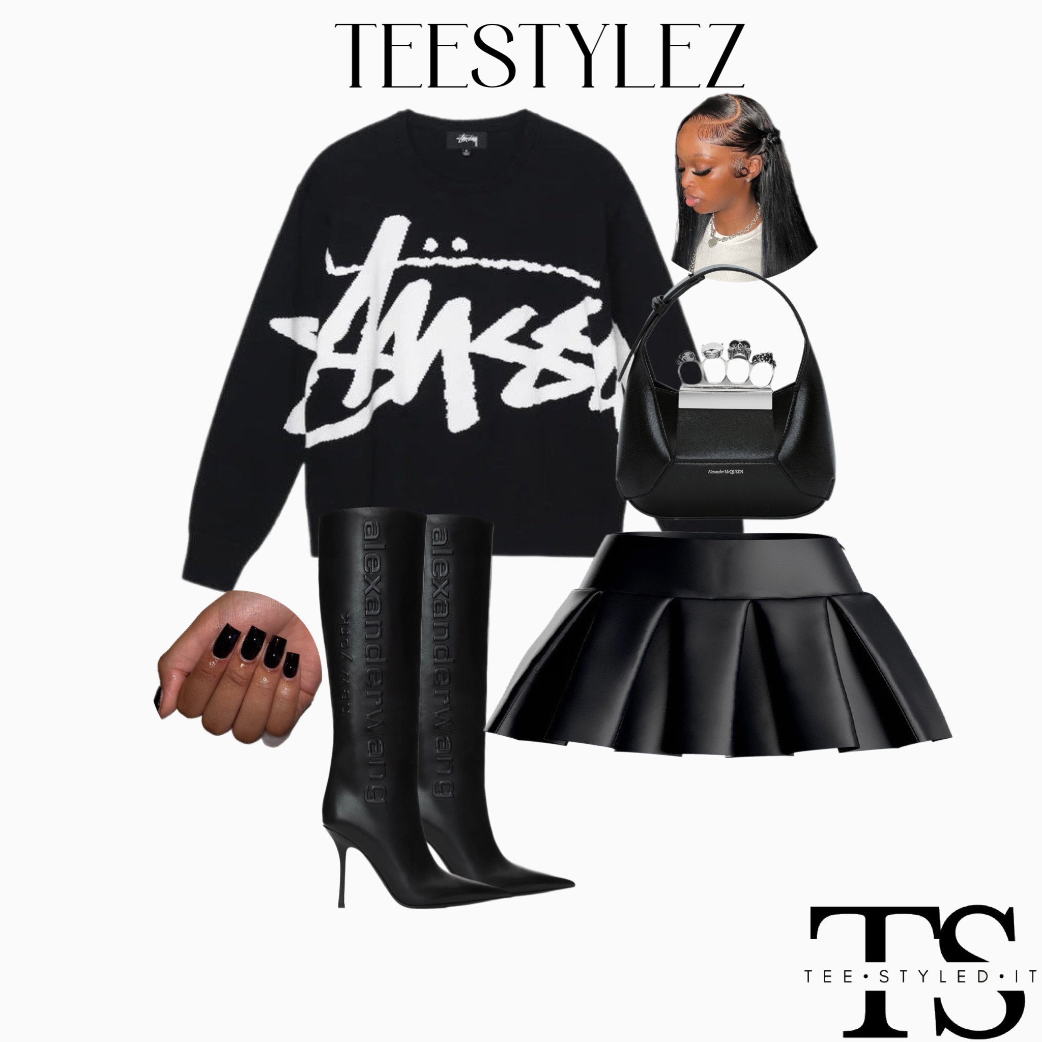 Jumper - Stussy Stock Logo Knitted Sweater 
Skirt - Finesse.US Yasmin Black Leather Skirt 🖤

#LTKstyletip #LTKSeasonal