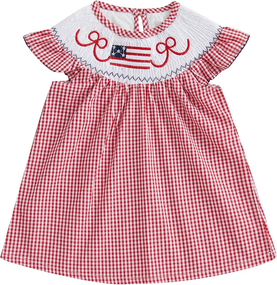 Toddler Baby Girl 4th of July Smocked Dress Fly Sleeve Flag Embroidery Plaid Summer Sundress Patr... | Amazon (US)