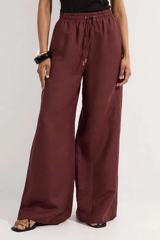 Viscose Linen Tie Waist Woven Trouser | Karen Millen UK + IE + DE + NL