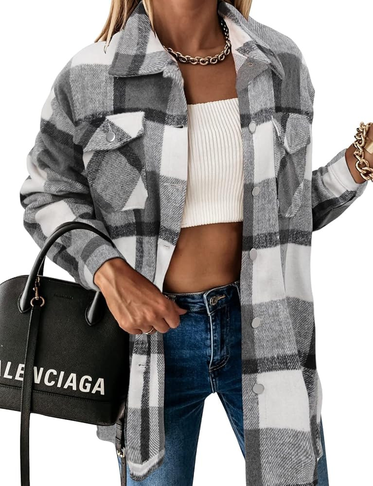 StunShow Women Plaid Shirt Button Down Flannel Shacket Long Sleeve Coat Jacket Tops Trendy 2025 | Amazon (US)