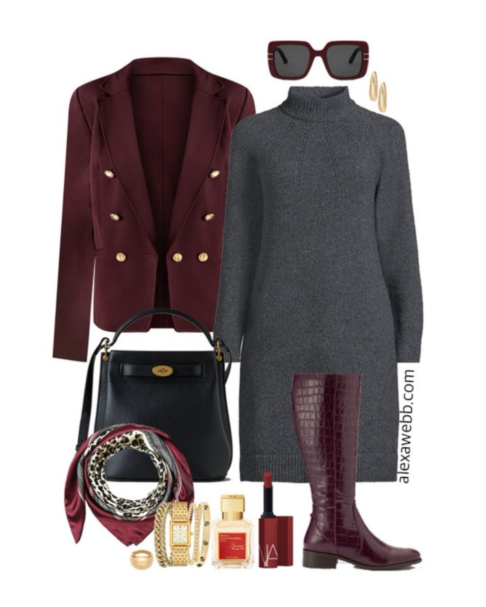 Plus Size Burgundy Blazer Outfits - A plus size work outfit idea for fall with a burgundy blazer, grey sweater dress, burgundy wide calf boots, and a crossbody bucket bag. Alexa Webb
#plussize

#LTKWorkwear #LTKPlusSize #LTKStyleTip