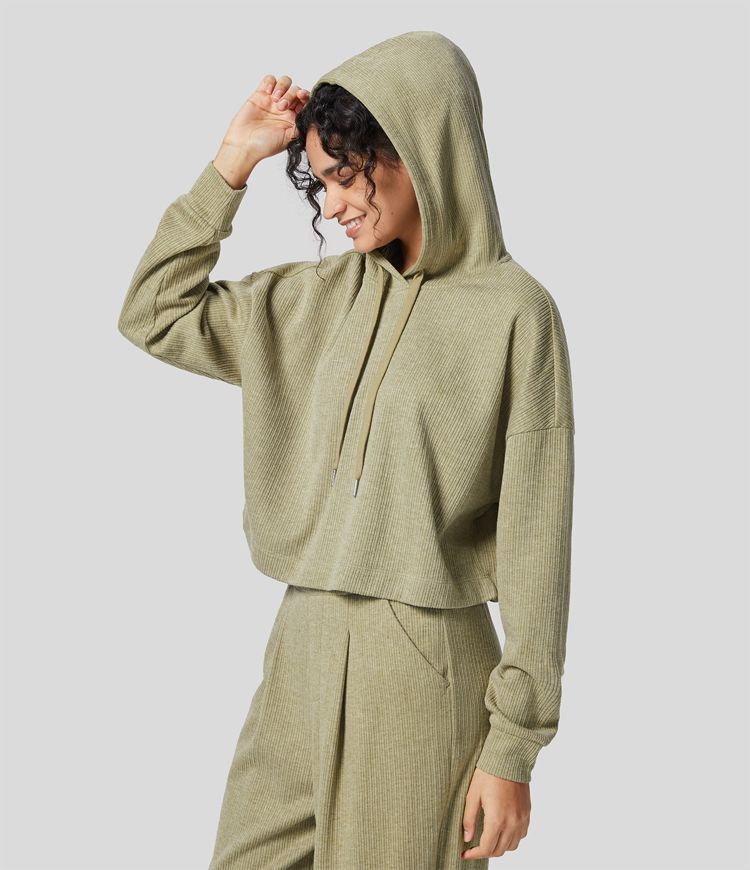 Women’s Ribbed Hooded Drawstring Dropped Shoulder Cropped Casual Sweatshirt - Halara | HALARA