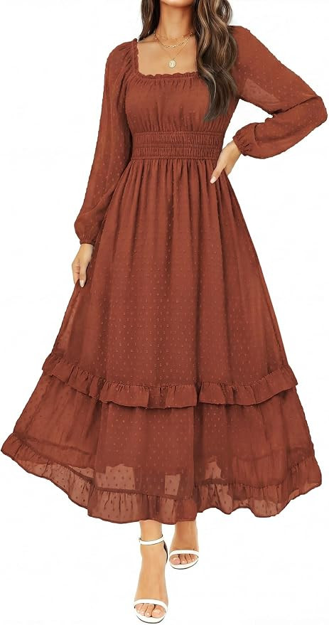 Womens Summer Fall Swiss Dot Chiffon Square Neck Maxi Wedding Guest Dress | Flowy A-Line Tiered R... | Amazon (US)