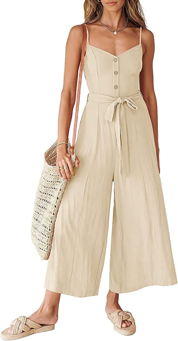 ANRABESS Women's Summer Spaghetti Straps V Neck Smocked Wide Leg Jumpsuits Rompers With Belt | Amazon (US)