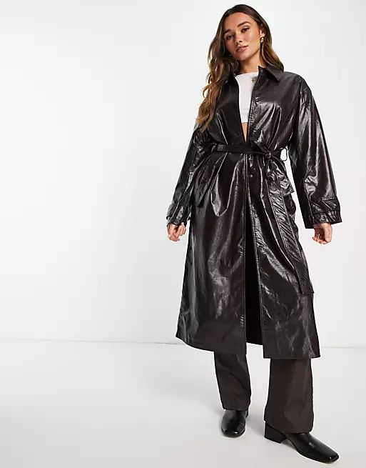 ASOS DESIGN crinkle faux leather trench coat in oxblood | ASOS | ASOS (Global)