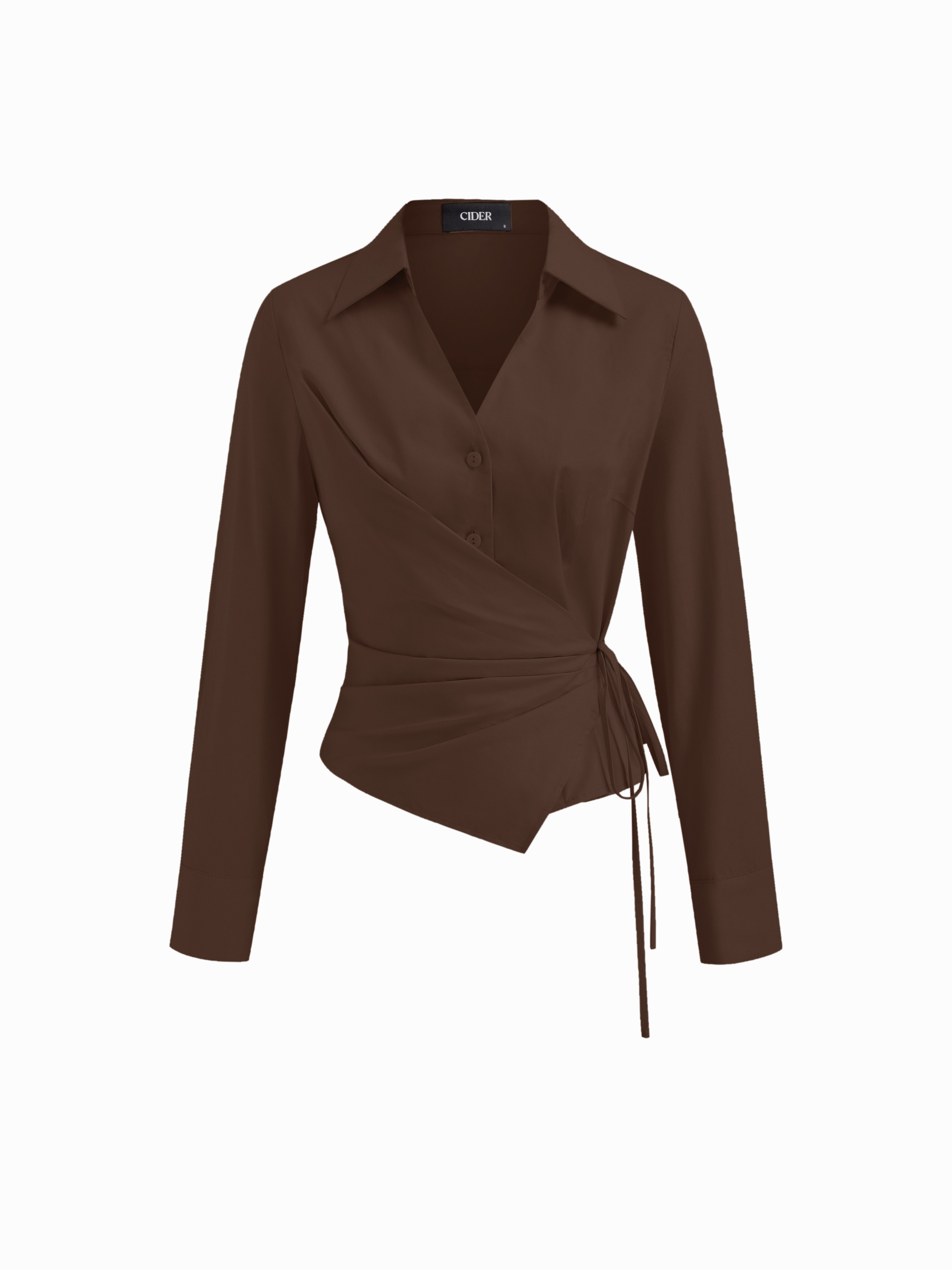 Woven 100% Cotton Collar V-neck Long Sleeve Wrap Tie Side Shirt For Work | Cider