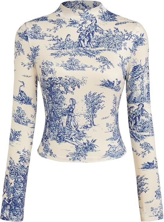 CIDER Women's Floral Knitted Long Sleeve Mock Neck Going Out Slim Fit Tops Fall Outfits Trendy Cl... | Amazon (US)