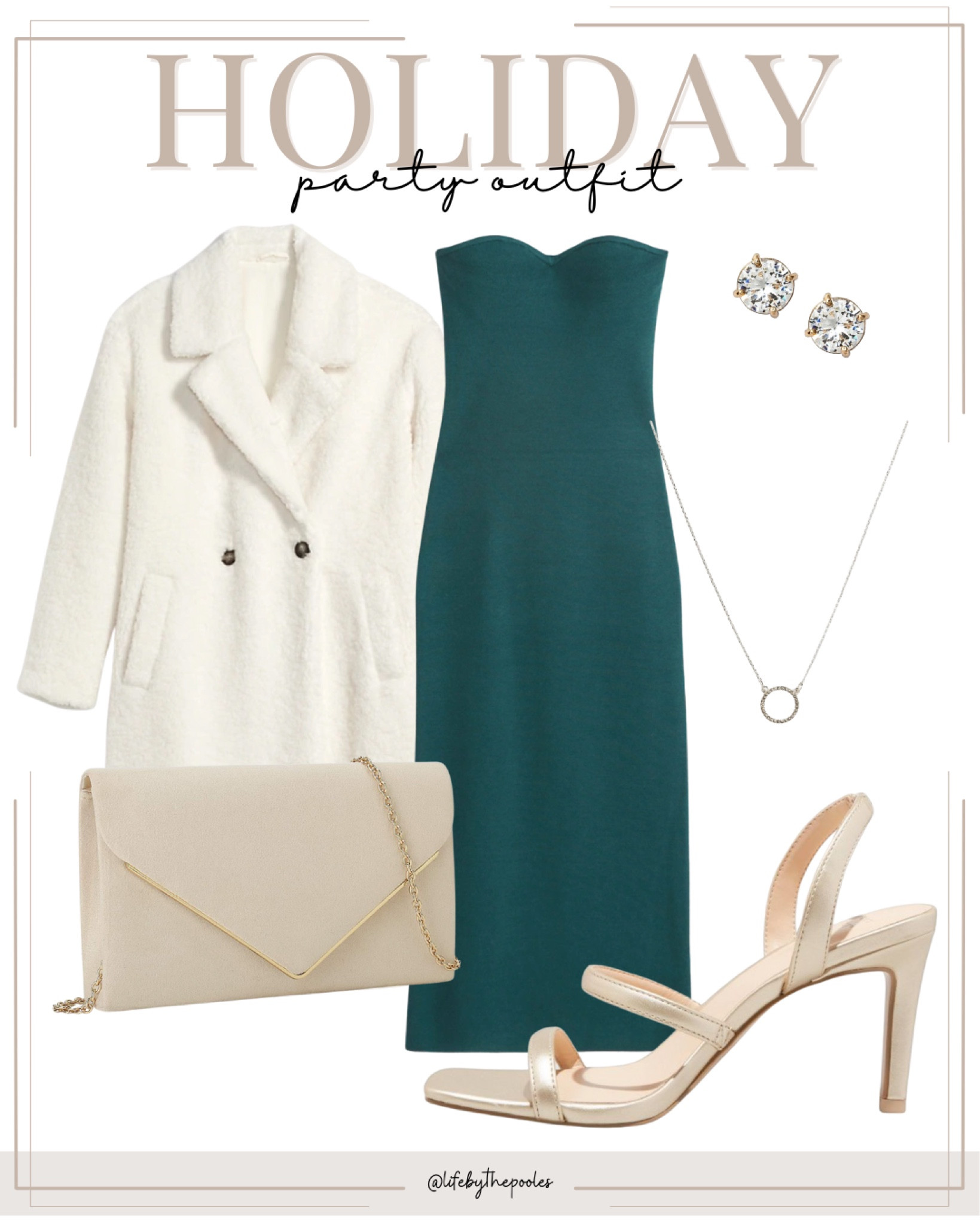 Winter holiday party dress, holiday outfit, Christmas dress, Christmas party dress, holiday dress, emerald green dress, strapless dress, formal dress, evening dress, pea coat, Sherpa coat, dress coat, heels, gold high heels, evening clutch purse, winter wedding guest outfit, winter date night outfit
#datenight #winter #partydress #holidaydress #holidayoutfit 

#LTKstyletip #LTKCyberweek #LTKunder100