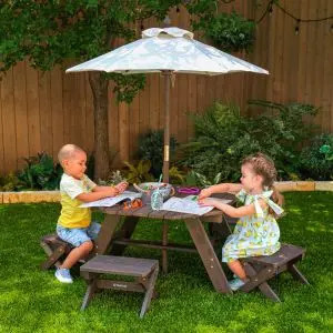 Octagon Table, Stools & Umbrella Set - Bear Brown & Beige | KidKraft