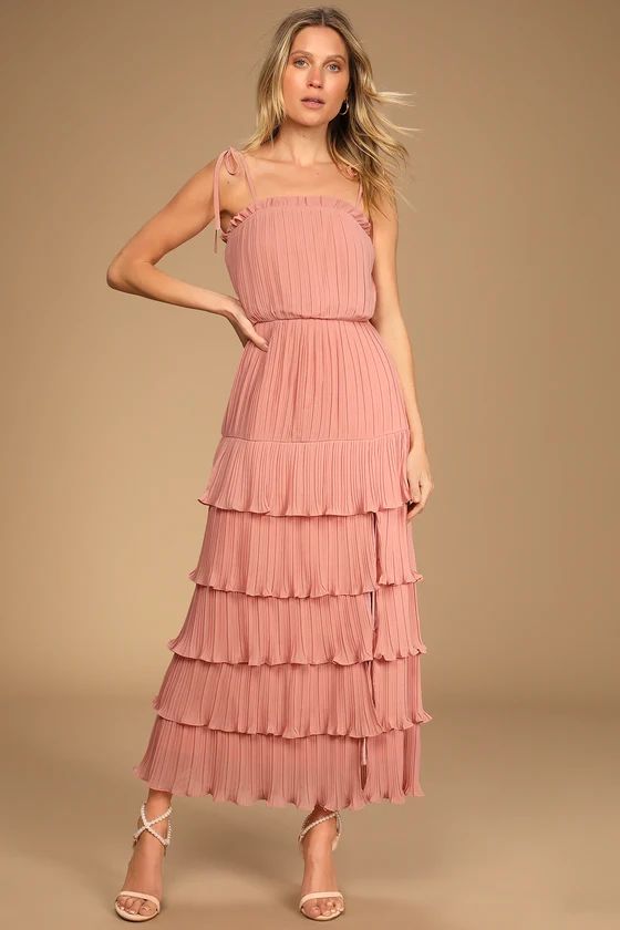 Playing Cupid Pink Pleated Tiered Ruffled Tie-Strap Maxi Dress | Lulus (US)