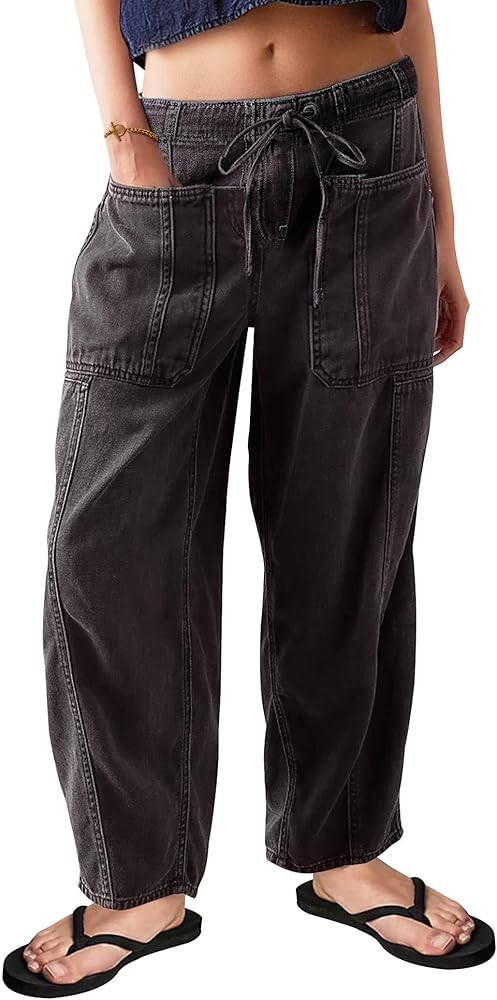 Barrel Jeans for Women Stretch Elastic Waist Pull-on Wide Leg Baggy Pants Lightweight Casual Crop... | Amazon (US)