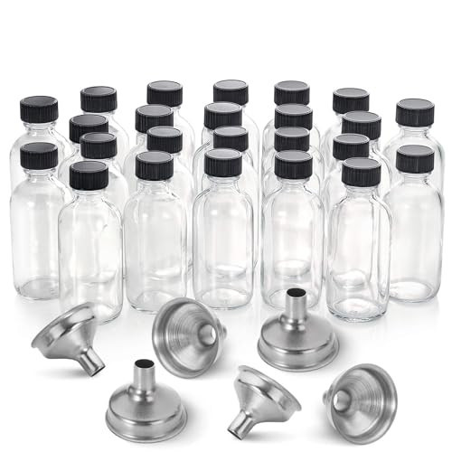 24 Pack, 2 oz Small Clear Glass Bottles w/ Lid & 6 Stainless Steel Funnels - 60ml Boston Sample Bottles - Mini Travel Essential or Decorative Bottles for Potion, Juice, Wellness, Ginger Shots, Whiskey | Amazon (US)
