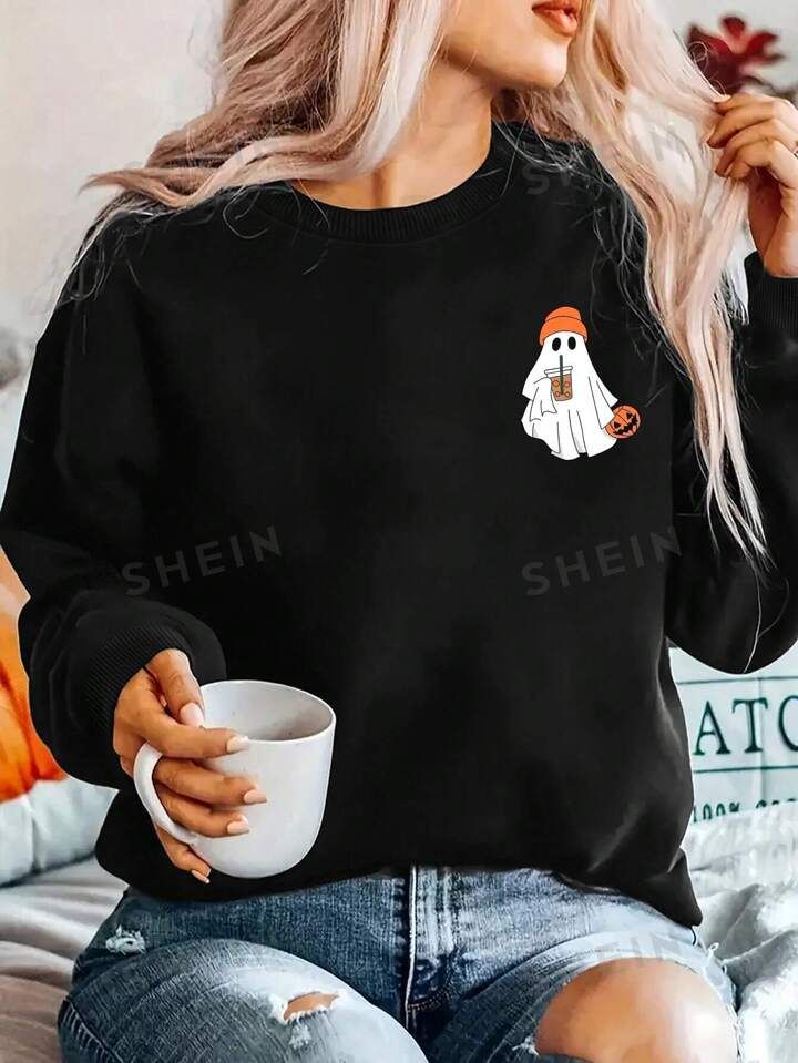 SHEIN EZwear Plus Size Ghost Print Crew Neck Sweatshirt For Halloween | SHEIN USA | SHEIN