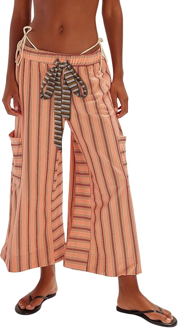 Bankeng Women Drawstring Striped Pants Loose Wide Leg Lounge Pants Casual Palazzo Pants Trousers ... | Amazon (US)