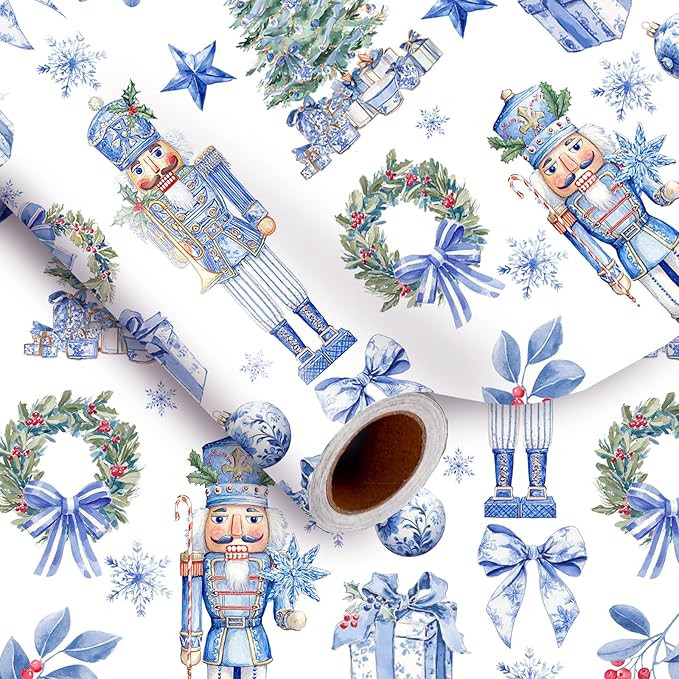 Whaline Christmas Wrapping Paper -Mini Roll- 17 In x 32.8 Ft Blue Nutcracker Xmas Tree Wreath Gif... | Amazon (US)