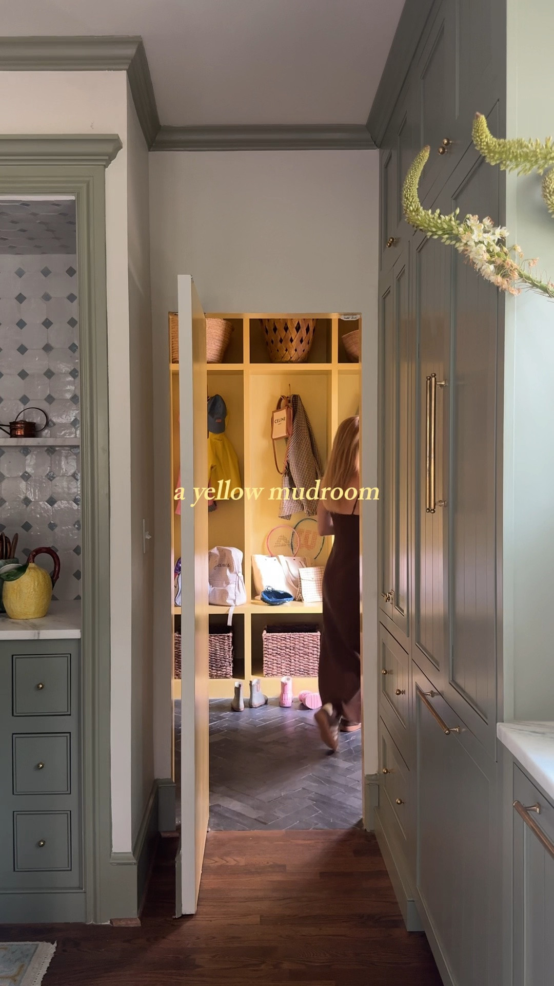 Kitchen lichen green. Mudroom: walls Ciara yellow, built ins: day room yellow