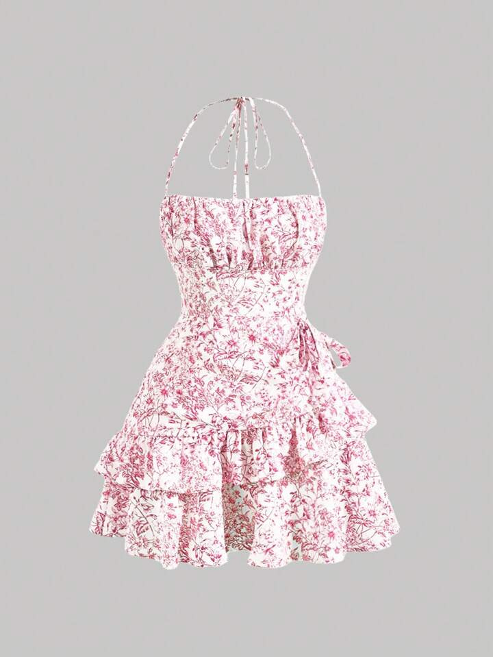 SHEIN x Marika Sila SHEIN MOD Summer Pink Allover Floral Print Ruffle Trim Tie Backless Ruched Bu... | SHEIN