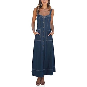 Fisoew Women's Long Denim Dress Sleeveless Adjustable Straps A Line Maxi Dress with Pockets | Amazon (US)