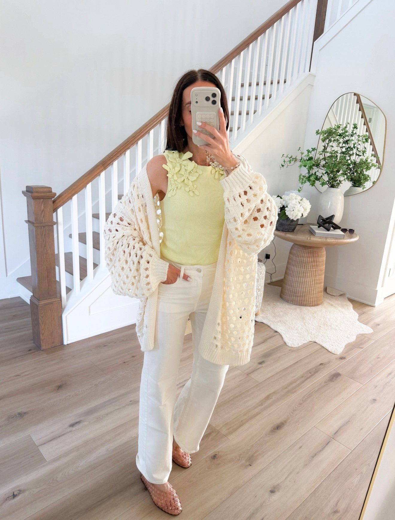 soft spring layers done right. this cardigan is the perfect lightweight throw on and makes the whole outfit feel a little cozier without losing the polished look. paired it with this feminine top and white denim for an easy, put together vibe. this is one of those outfits that works all day

spring layers, white denim outfit, cardigan style, feminine outfit, everyday chic, neutral style, annabrstyle 

#LTKootd #LTKSeasonal #LTKOver40