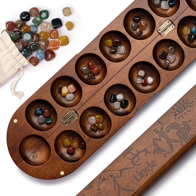 Deluxe Mancala Set: Real Wood Hinged Board with 48 Natural Multicolor Stones - Authentic African ... | Amazon (US)