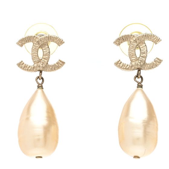 Pearl CC Teardrop Earrings Gold | FASHIONPHILE (US)