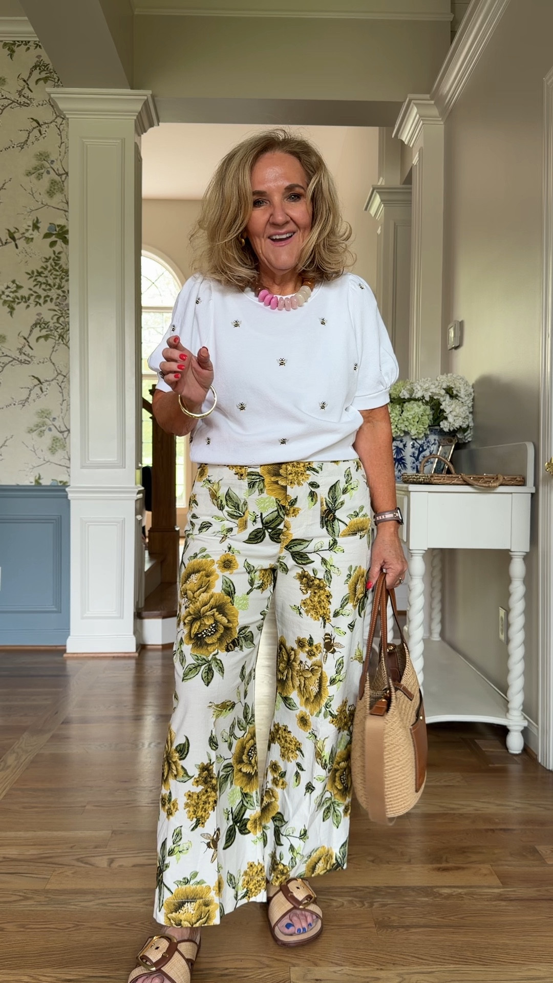 Cute cute! Can I wear these together? Tue cutest bee encoder sweatshirt. Size medium tap on the straight sweatshirt and select this print.
Floral pants are a linen blend size 29 regular
10% off my bag with code NANETTE
20% off my bracelets code NANETTE20


#LTKOver40 #LTKPetite