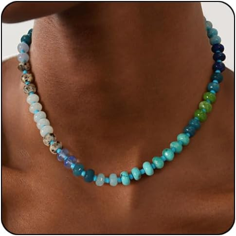 Gemstone Beaded Necklace for Women Colorful Natural Stone Freshwater Pearl Surfer Beach Rainbow N... | Amazon (US)