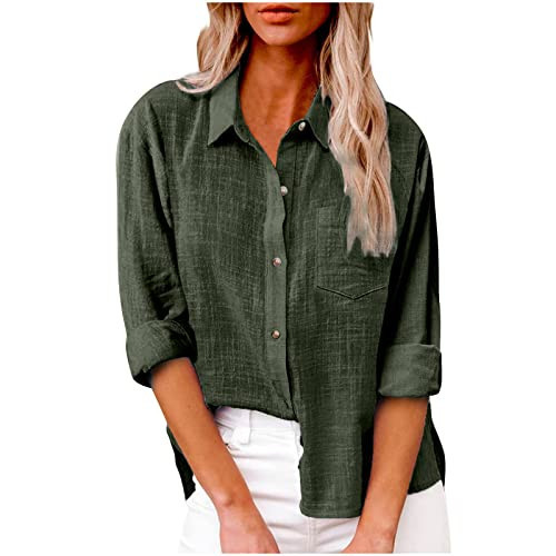 Womens Cotton Linen Shirt Button Down Lapel Blouses Long Sleeve Solid Color Tunic Tops Fall Casual Shirts 2024 Army Green | Amazon (US)