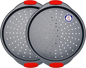 Pizza Tray – 2 Round with Silicone Handles – Carbon Steel Pizza Pan with Holes and Non-Stick ... | Amazon (US)