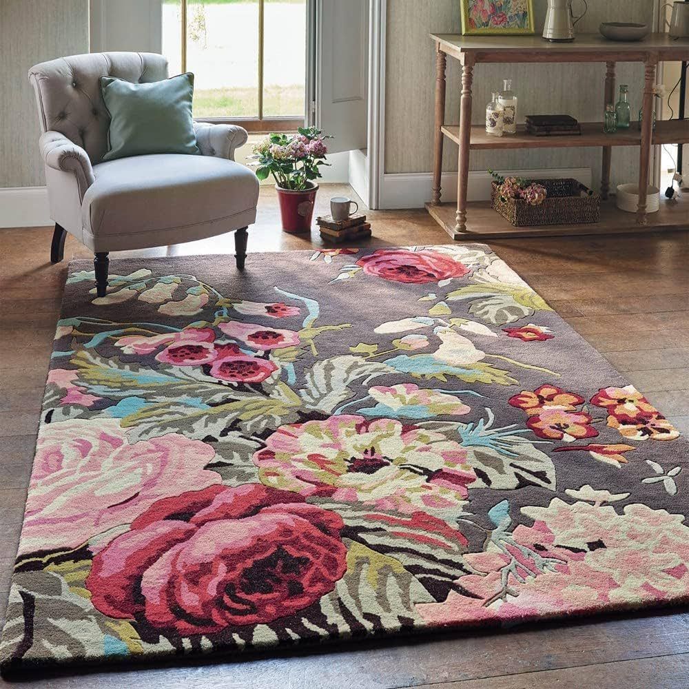 Restoration and Renovation Modern Rose Floral Wool Rug | Handmade Area Rug with Garden Colorful F... | Amazon (US)