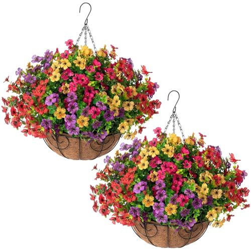 HyeFlora 2 Set Artificial Outdoor Flowers Hanging Basket, Faux Hanging Plants for Outside Spring Decoration, Fake Silk UV Resistant Look Real Daisy for Porch Patio Home Decor | Amazon (US)