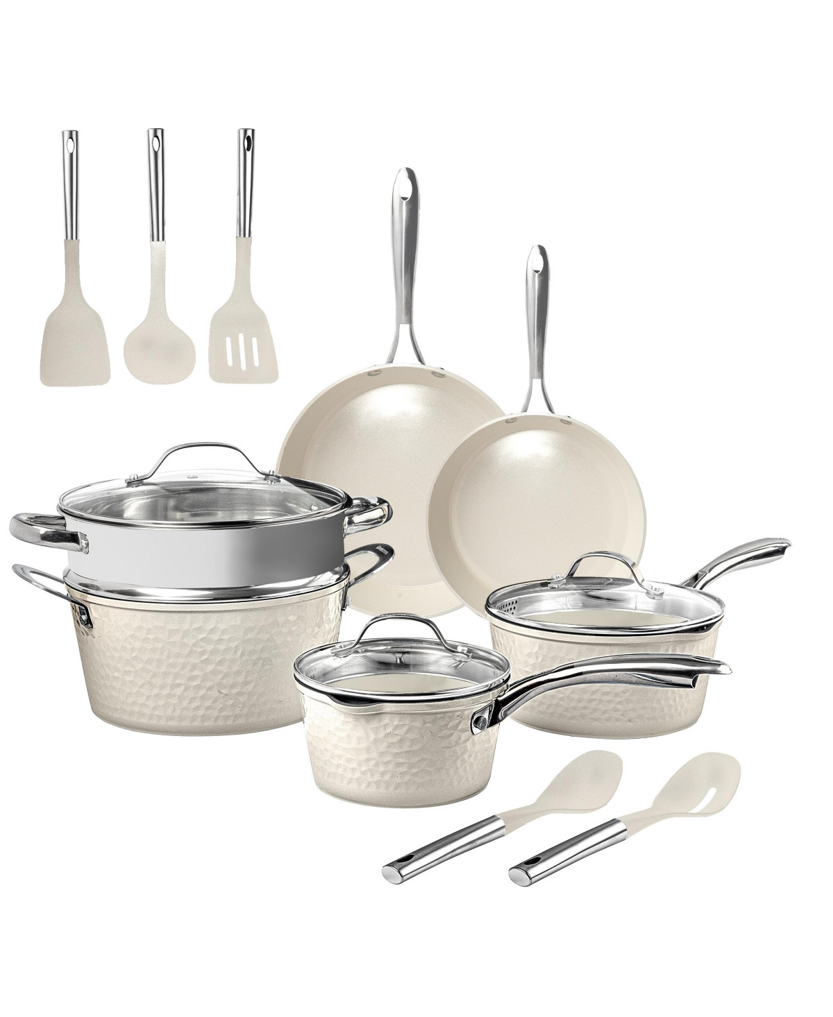 Gotham Steel Hammered Cream 15-Piece Ceramic Nonstick Cookware set with Utensils - Cream | Macy's