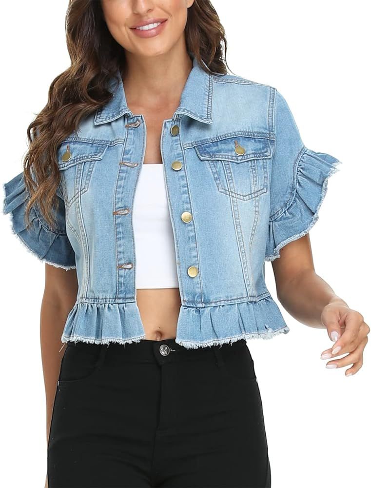 MISS MOLY Women's Denim Jacket Ruffle Sleeve Distressed Summer Cropped Jean Jackets Blue XL at Am... | Amazon (US)