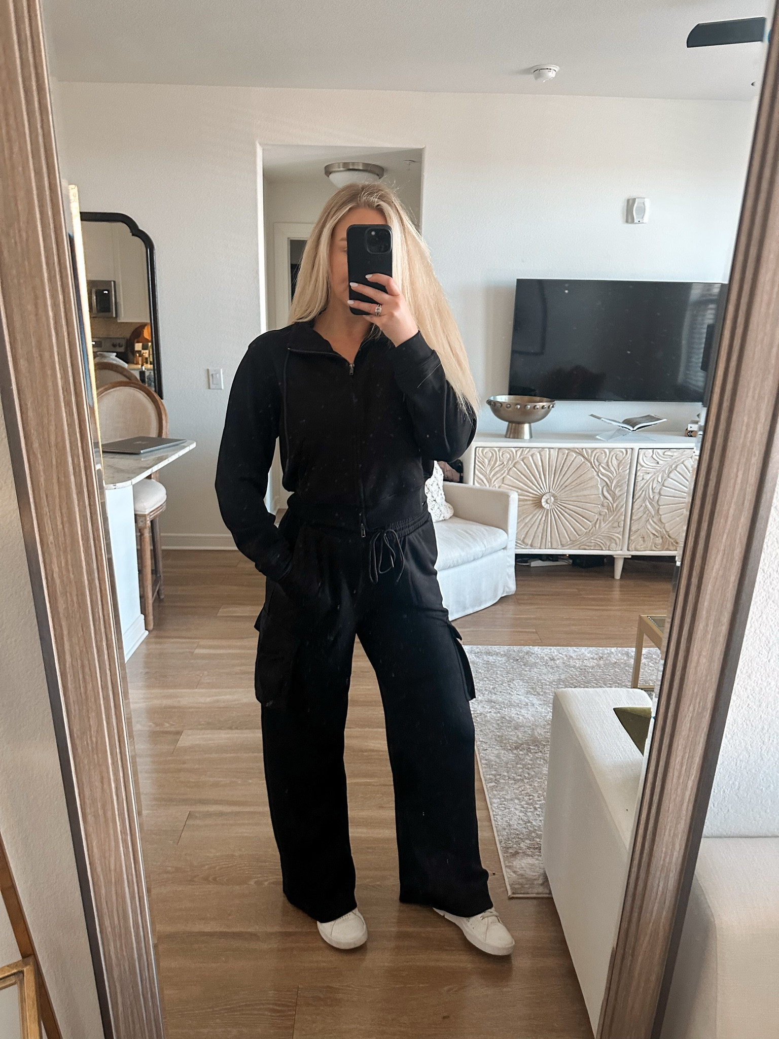 Sized up for oversized fit. M in top L in bottoms 

Walmart scuba loungewear. Walmart lounge set. Black cargo sweatpants. Comfy set. Long sleeve set. Airport outfit. Travel outfit  

#LTKStyleTip #LTKFindsUnder50 #LTKTravel