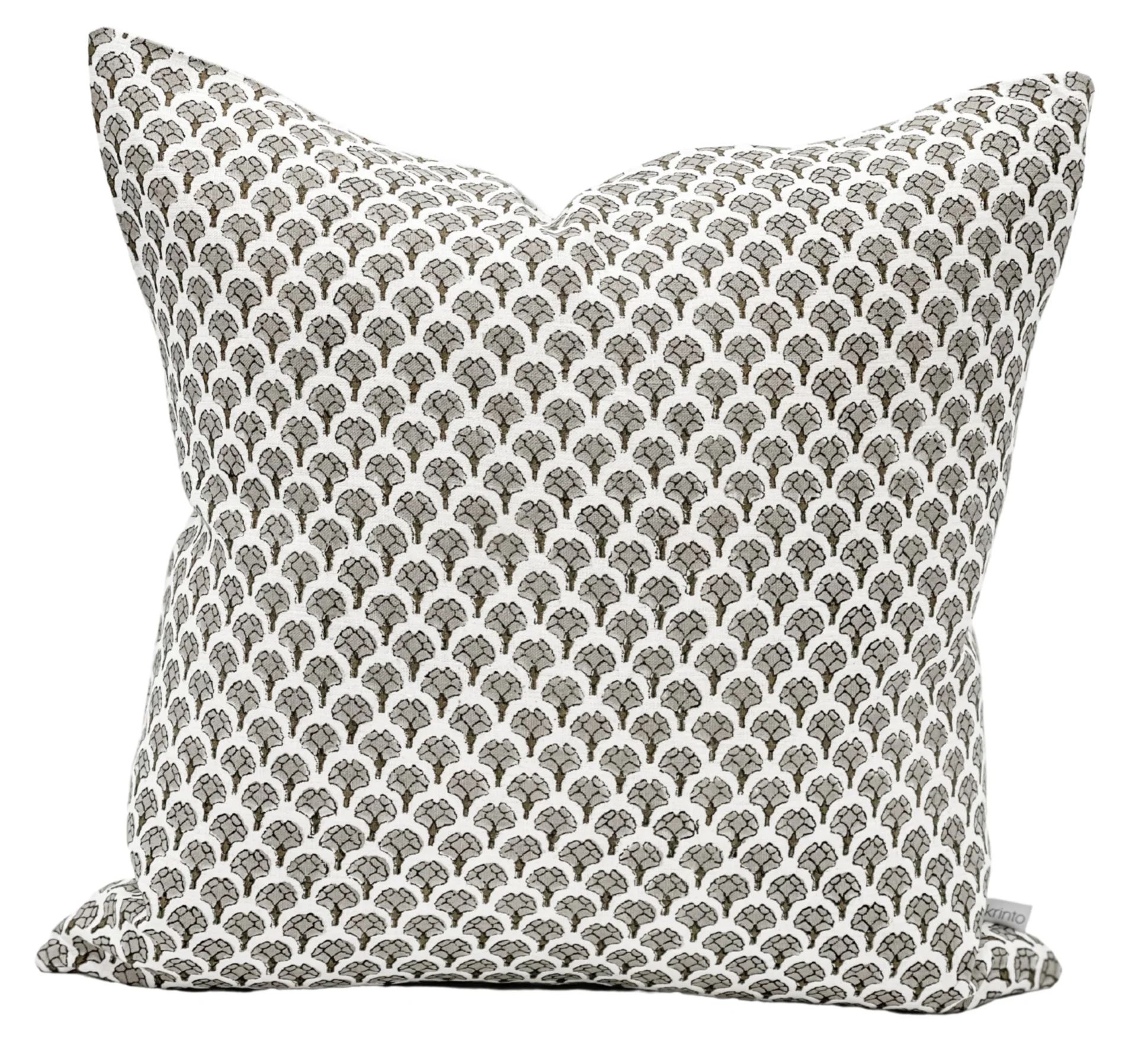 FLORAL GREY AND OLIVE GREEN ON LINEN PILLOW COVER | Krinto