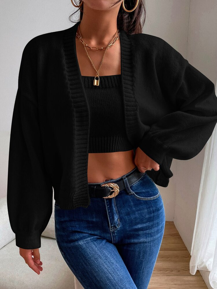 Drop Shoulder Cardigan mit offener Front, & Cami Strick Top | SHEIN