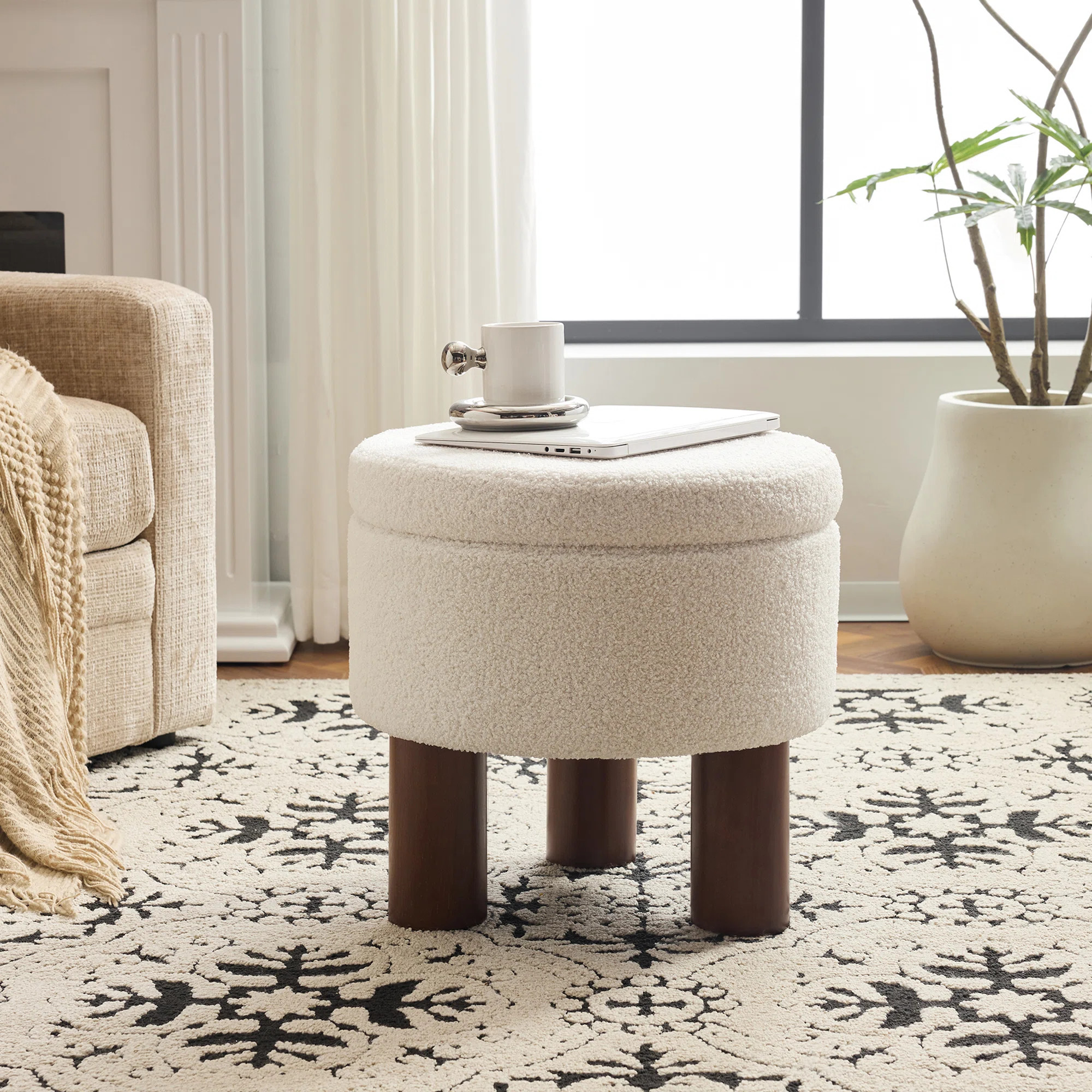 Joddie 18.9" Round Boucle Upholstered Storage Ottoman | Wayfair North America