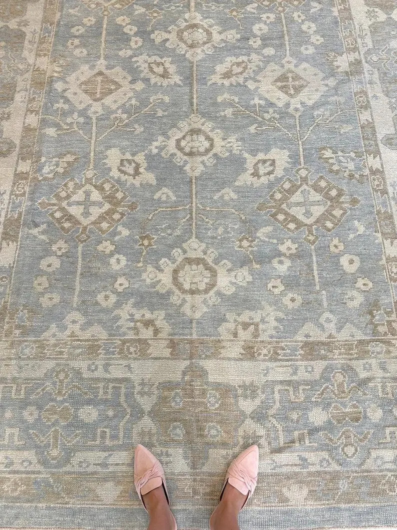 Blue Oushak Rug | Hand-Knotted Turkish Wool Area Rug | Vintage Oushak Carpet | Handmade Tradition... | Etsy (Global)