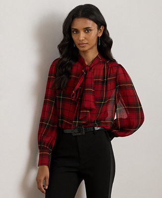Lauren Ralph Lauren Women's Plaid Tie-Neck Blouse, P/XS-XXL - Macy's | Macy's