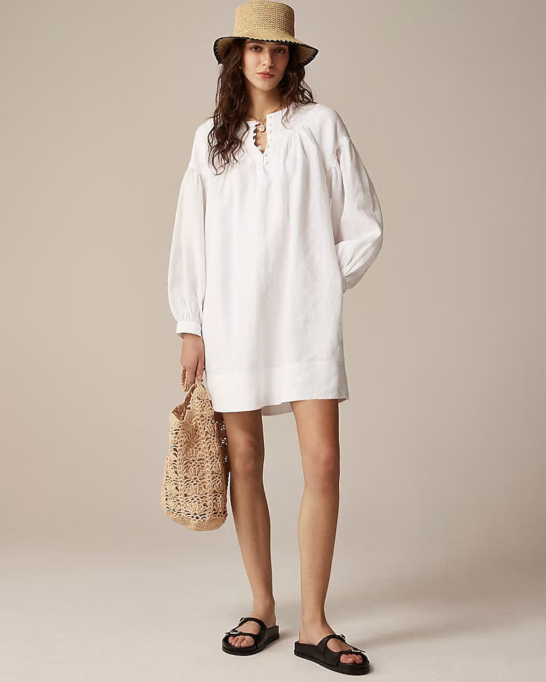Tall gathered popover dress in linen | J. Crew US