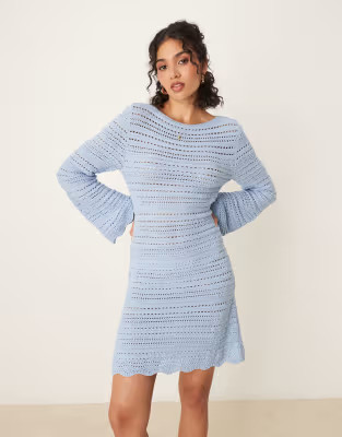ASOS DESIGN knit mini dress with flared sleeves in light blue | ASOS (Global)