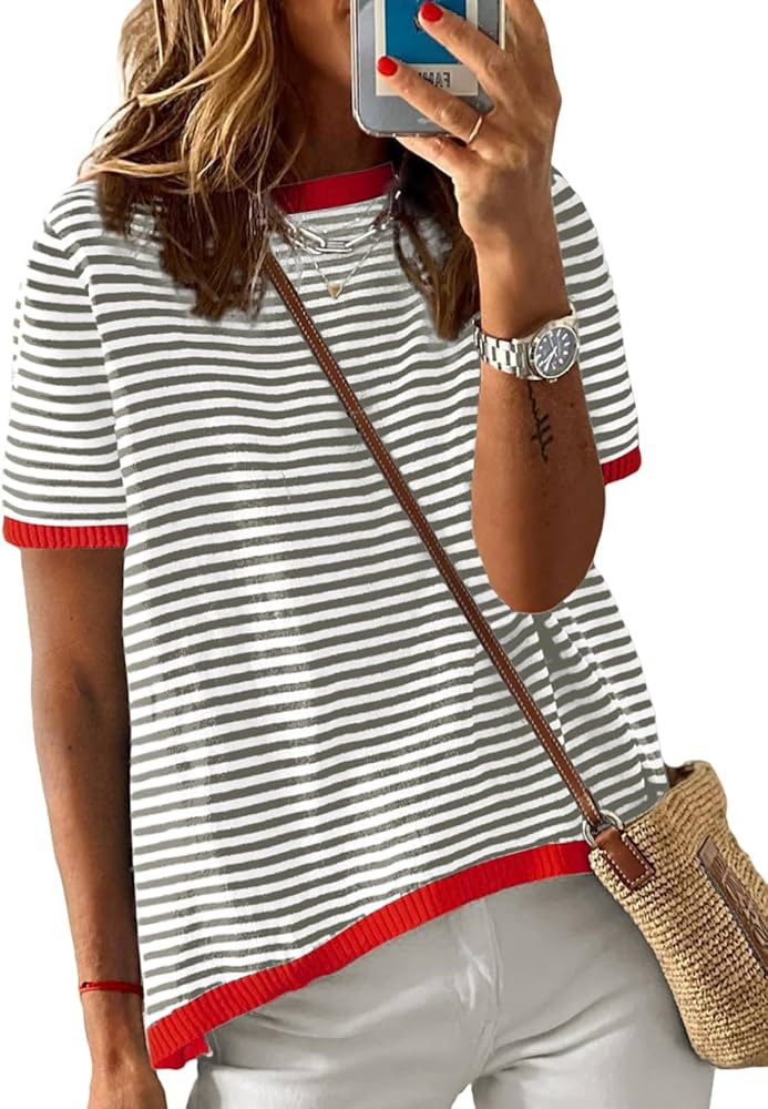 Dokotoo Womens Summer Tops Casual Crewneck Short Sleeve Striped Color Block Knitted High Low Tren... | Amazon (US)