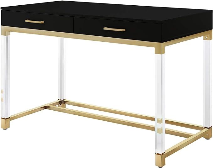 Casandra High Gloss 2 Drawers Writing Desk with Acrylic Legs and Gold Stainless Steel Base, Black... | Amazon (US)