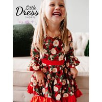 Christmas Rose Twirly Dress, Holiday, Green, Red, Pockets, Kids, Toddler, Tween, Twirl, Rose, Floral, Bell Sleeve, Girls, Winter | Etsy (US)