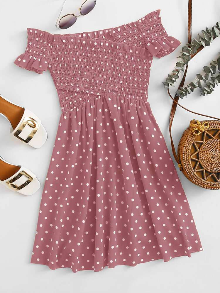 Polka Dot Criss Cross Shirred Bodice Bardot Dress | SHEIN