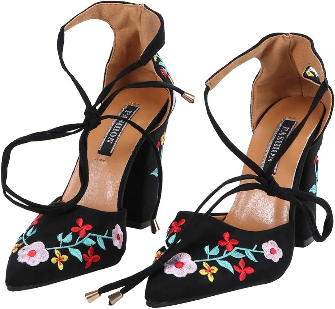 Holibanna Women High Heel Floral Embroidered Sandals Summer Pointed Toe Elegant High Heels Classi... | Amazon (US)