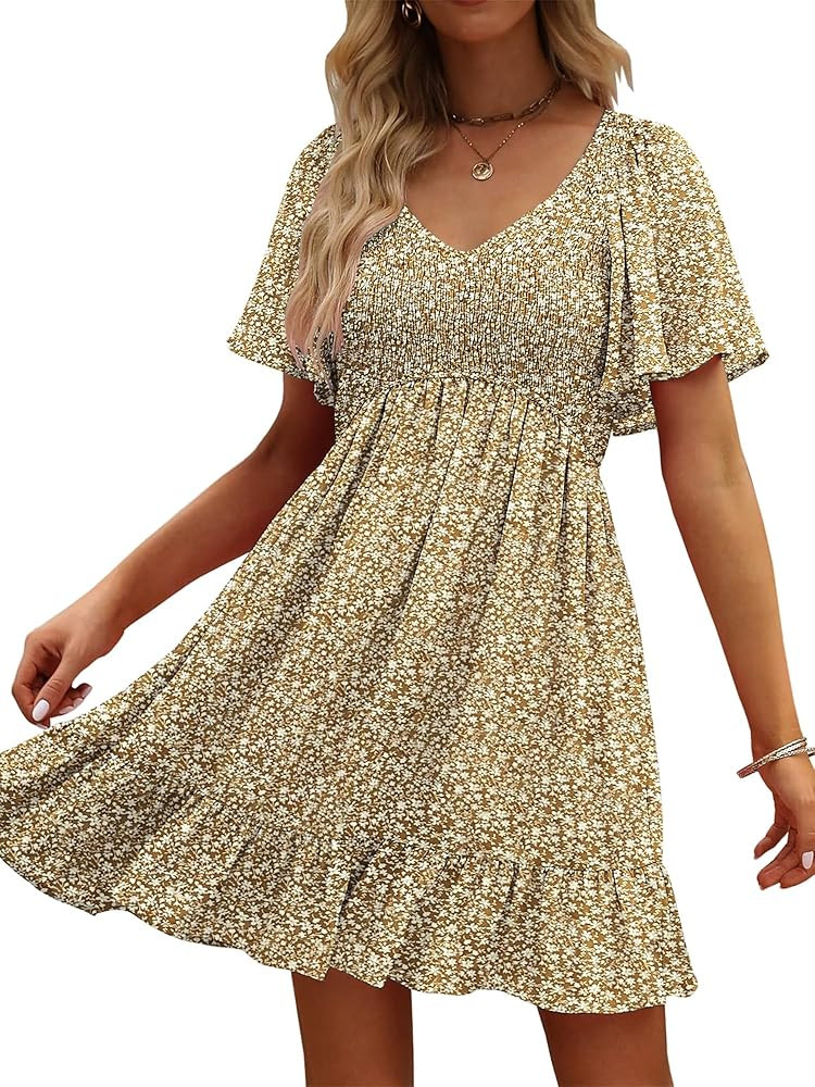UEAL Womens Cute Floral Smocked V Neck Flutter Sleeve Sundress with Pockets Casual Spring Summer ... | Amazon (US)